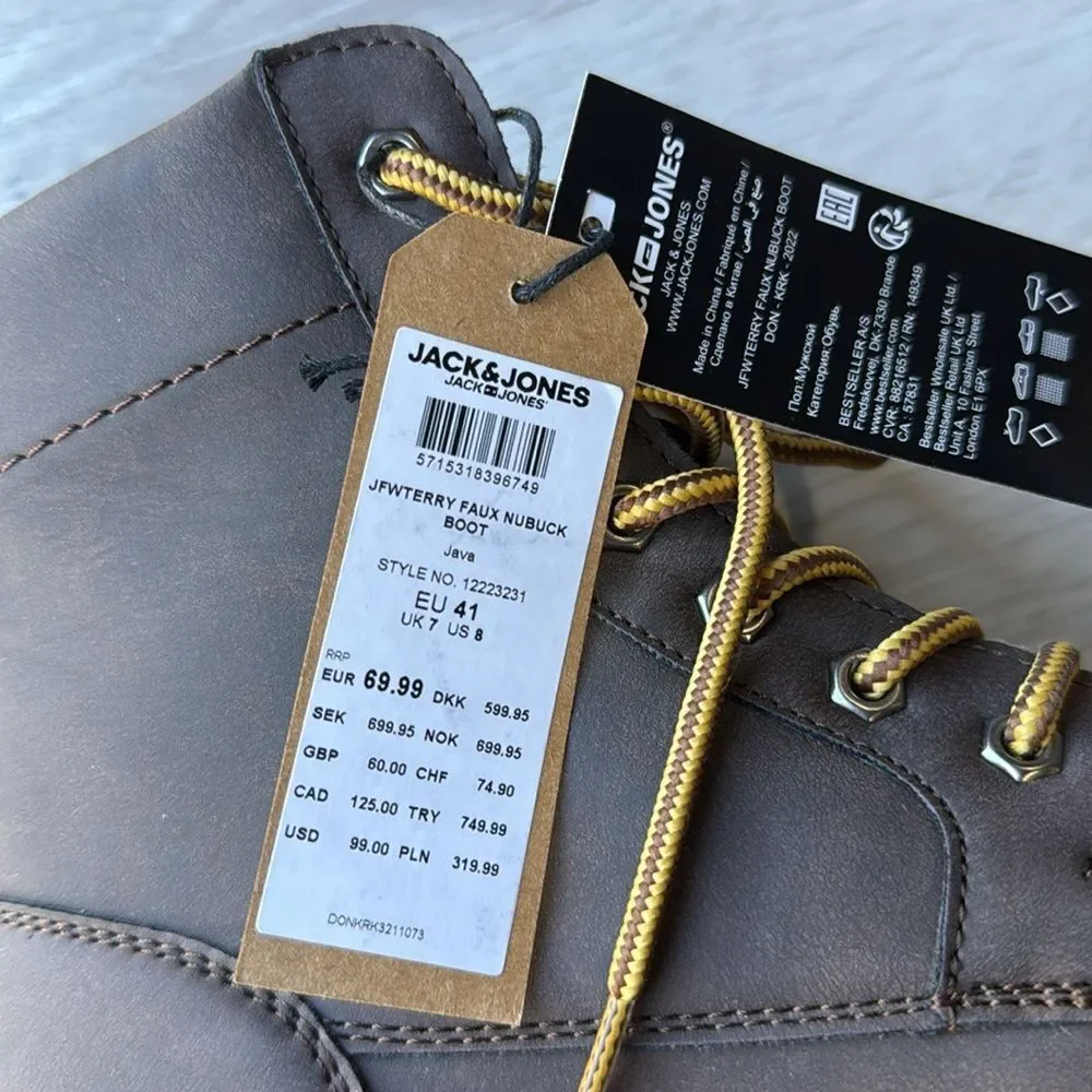 Jack & Jones faux leather brown size 8 lace up boots‎ in cognac brown NWT in box